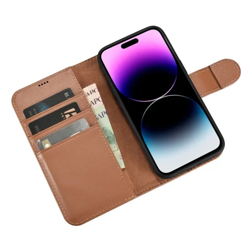 iCarer Wallet Case 2in1 iPhone 14 Pro Max bőr fliptok Anti-RFID barna tok - 9