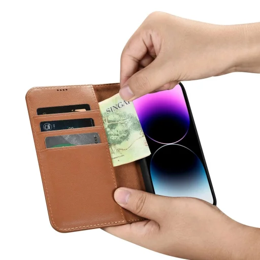 iCarer Wallet Case 2in1 iPhone 14 Pro Max bőr fliptok Anti-RFID barna tok - 12