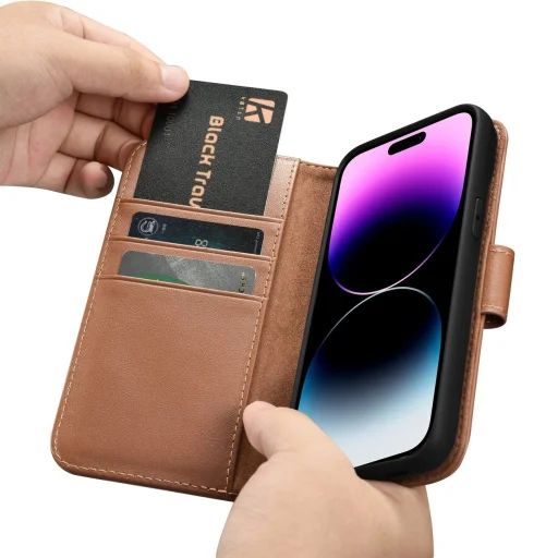 iCarer Wallet Case 2in1 iPhone 14 Pro Max bőr fliptok Anti-RFID barna tok - 16
