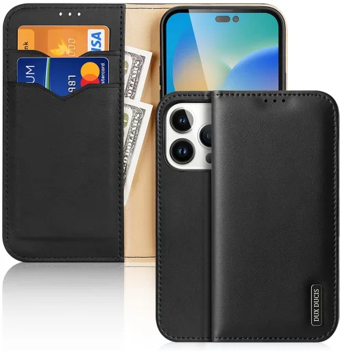 Dux Ducis Hivo valódi bőr fliptok kártyák és dokumentumok számára iPhone 14 Pro fekete tok - 1