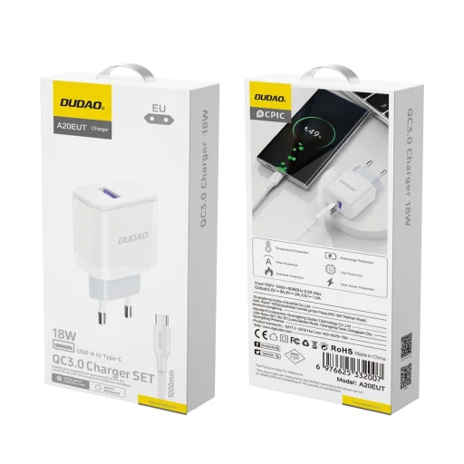 Dudao A20EU USB-A 18W hálózati töltő - fehér + USB-A - USB-C kábel - 5