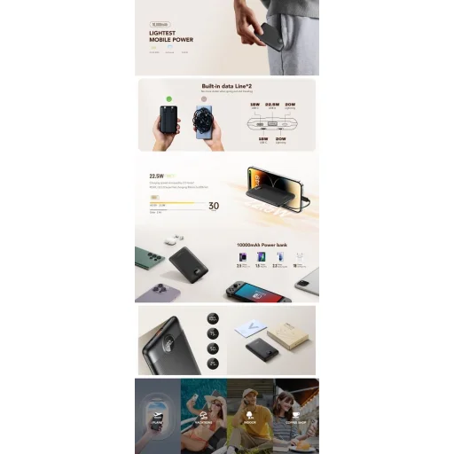 VEGER powerbank 10 000 mAh beépített kábelekkel Type C / Lightning PD QC3.0 2A 22,5W C11 (W1170) fekete - 13