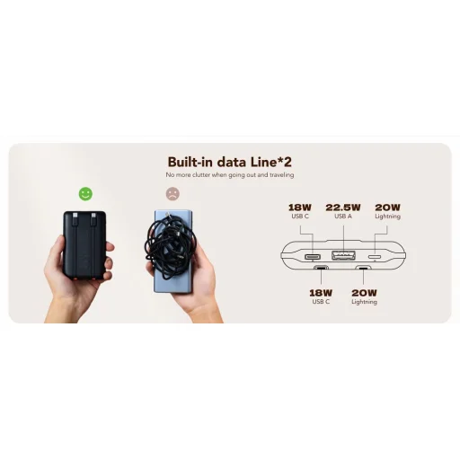 VEGER powerbank 10 000 mAh beépített kábelekkel Type C / Lightning PD QC3.0 2A 22,5W C11 (W1170) fekete - 14