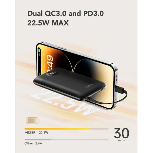 VEGER powerbank 10 000 mAh beépített kábelekkel Type C / Lightning PD QC3.0 2A 22,5W C11 (W1170) fekete - 4