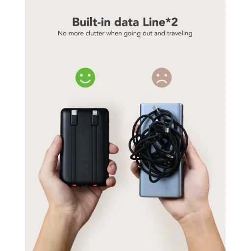 VEGER powerbank 10 000 mAh beépített kábelekkel Type C / Lightning PD QC3.0 2A 22,5W C11 (W1170) fekete - 5