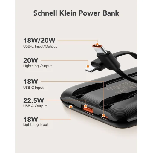 VEGER powerbank 10 000 mAh beépített kábelekkel Type C / Lightning PD QC3.0 2A 22,5W C11 (W1170) fekete - 6