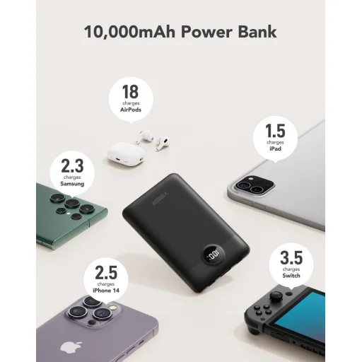 VEGER powerbank 10 000 mAh beépített kábelekkel Type C / Lightning PD QC3.0 2A 22,5W C11 (W1170) fekete - 7