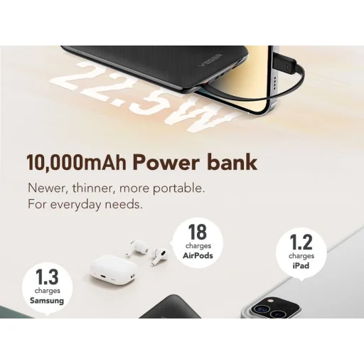 VEGER powerbank 10 000 mAh beépített kábelekkel Type C / Lightning PD QC3.0 2A 22,5W C11 (W1170) fekete - 11