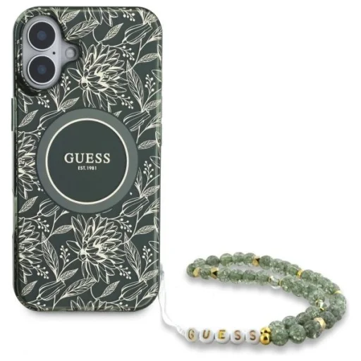  iPhone 16 zöld Guess IML Flowers Allover Electro Gyöngypánttal MagSafe tok - 2