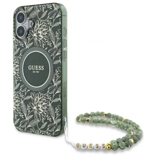  iPhone 16 zöld Guess IML Flowers Allover Electro Gyöngypánttal MagSafe tok - 1