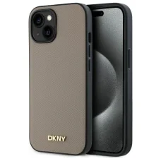  iPhone 15 bézs DKNY Grained Metal Logo MagSafe tok