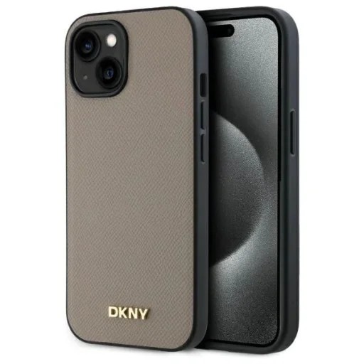  iPhone 15 bézs DKNY Grained Metal Logo MagSafe tok - 1