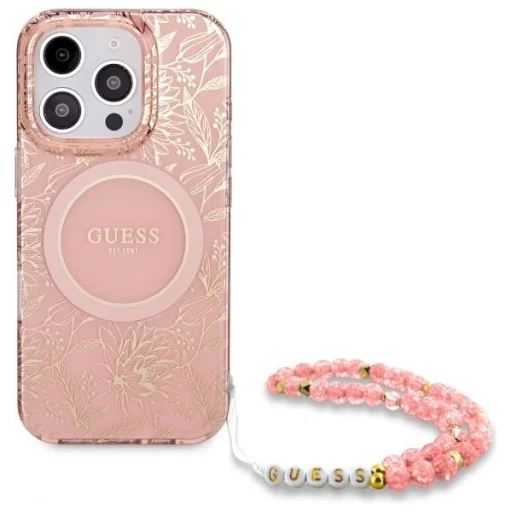  iPhone 16 Pro Max rózsaszín Guess IML Flowers Allover Electro gyöngypántos MagSafe tok - 2