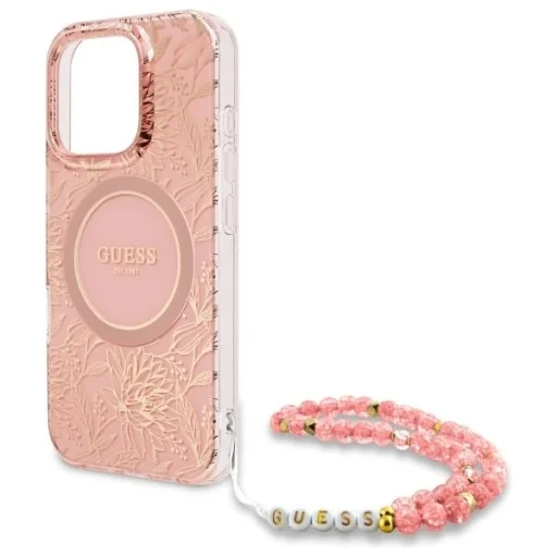  iPhone 16 Pro Max rózsaszín Guess IML Flowers Allover Electro gyöngypántos MagSafe tok - 5