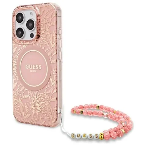  iPhone 16 Pro Max rózsaszín Guess IML Flowers Allover Electro gyöngypántos MagSafe tok - 1