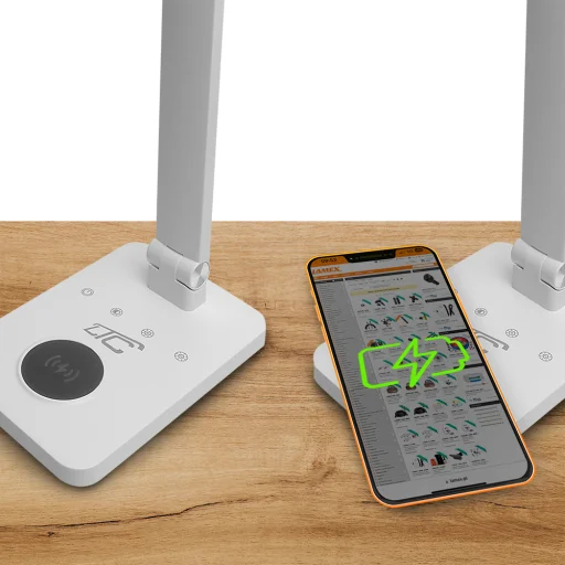 LED Íróasztali Lámpa 10W, 3000/4500/6000K, indukciós töltés, érintésvezérlés, fényerőszabályzó, fehér, LTC - 4