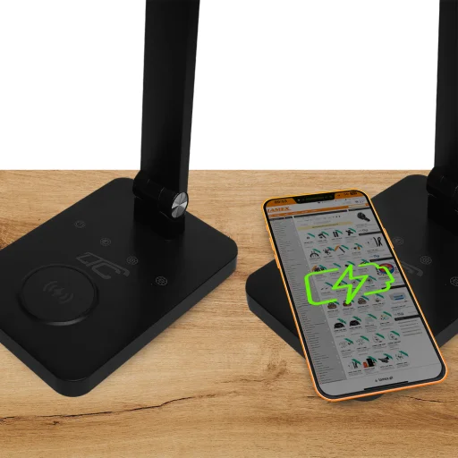 LED asztali lámpa 10W, 3000/4500/6000K, indukciós töltés, érintésvezérlés, dimmer, fekete, LTC - 4