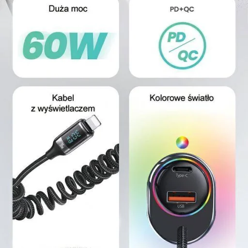 USAMS C37 Autós töltő 1xUSB+1xUSB-C 60W + Lightning kábel 30W PD+QC Gyors töltés fekete/fekete CC193CC01 (US-CC193) - 2