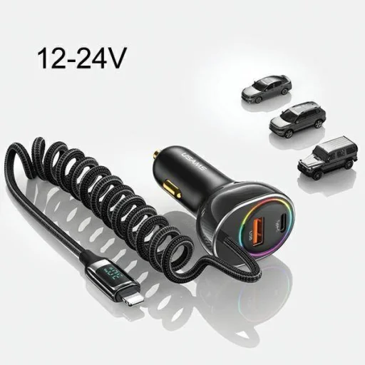 USAMS C37 Autós töltő 1xUSB+1xUSB-C 60W + Lightning kábel 30W PD+QC Gyors töltés fekete/fekete CC193CC01 (US-CC193) - 9