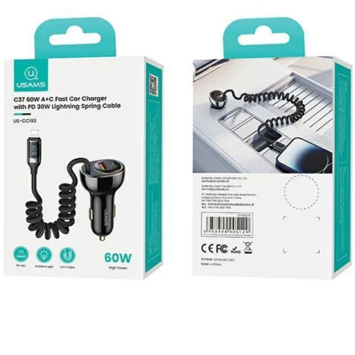 USAMS C37 Autós töltő 1xUSB+1xUSB-C 60W + Lightning kábel 30W PD+QC Gyors töltés fekete/fekete CC193CC01 (US-CC193) - 10