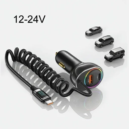  USAMS C37 Autós Töltő 1xUSB+1xUSB-C 60W + USB-C kábel 30W PD+QC Gyors Töltés fekete/fekete CC192CC01 - 9