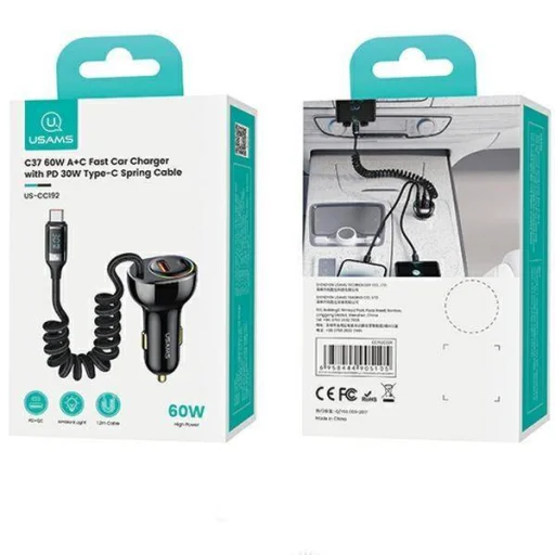  USAMS C37 Autós Töltő 1xUSB+1xUSB-C 60W + USB-C kábel 30W PD+QC Gyors Töltés fekete/fekete CC192CC01 - 10