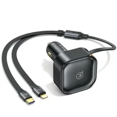 30W Autós Töltő Behúzható Kábellel USB-C + Lightning PD Gyors Töltés USAMS C41 CC219CC01 (US-CC219) fekete