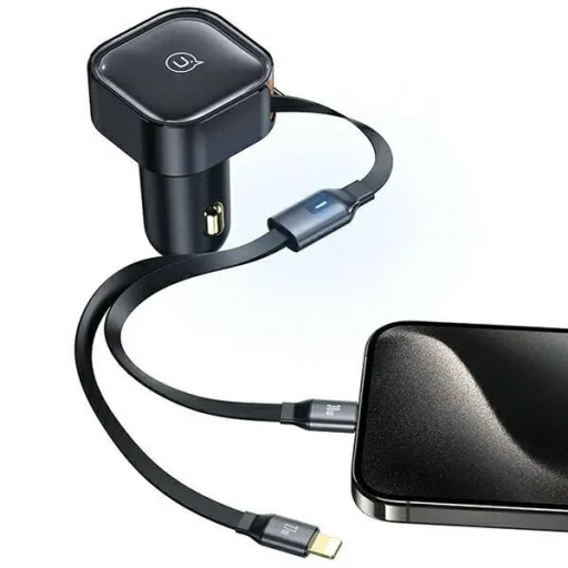 30W Autós Töltő Behúzható Kábellel USB-C + Lightning PD Gyors Töltés USAMS C41 CC219CC01 (US-CC219) fekete - 2