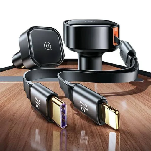 30W Autós Töltő Behúzható Kábellel USB-C + Lightning PD Gyors Töltés USAMS C41 CC219CC01 (US-CC219) fekete - 6