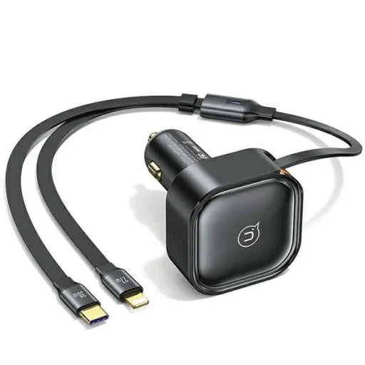 30W Autós Töltő Behúzható Kábellel USB-C + Lightning PD Gyors Töltés USAMS C41 CC219CC01 (US-CC219) fekete - 1