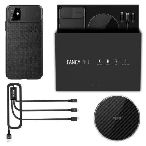 Vezeték nélküli töltő+ iPhone 11 Pro tok + 3in1 kábel fekete Nillkin Fancy Pro ajándékszett - 1