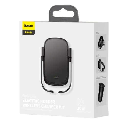 Baseus Rock Solid autós telefontartó elektromos zárhatósággal + 10 Qi vezeték nélküli töltéssel + szivargyújtós töltővel + USB kábellel fekete - 10