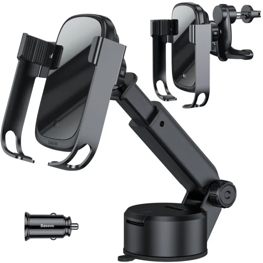 Baseus Rock Solid autós telefontartó elektromos zárhatósággal + 10 Qi vezeték nélküli töltéssel + szivargyújtós töltővel + USB kábellel fekete - 1