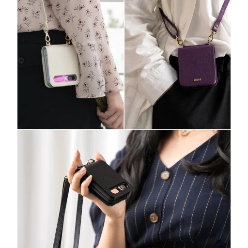 Samsung Galaxy Z Flip Ringke Folio Signature valódi bőr tok vállpánttal fekete (FOSG0001) - 7