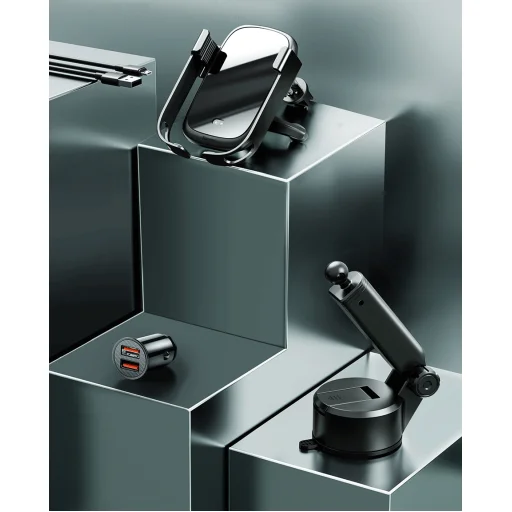 Baseus Rock Solid autós telefontartó elektromos zárhatósággal + 10 Qi vezeték nélküli töltéssel + szivargyújtós töltővel + USB kábellel fekete - 12