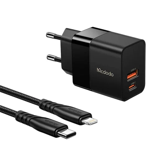 Mcdodo CH-1952 USB + USB-C fali töltő, 20W + USB-C - Lightning kábel (fekete) - 1