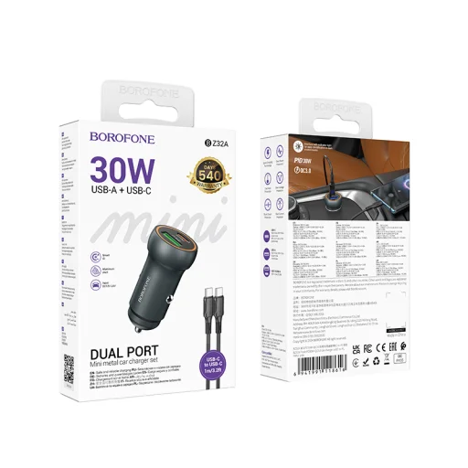 Borofone autós töltő BZ32A Fresh - USB + Type C - QC 3.0 PD 30W Type C to Type C kábellel szürke - 5