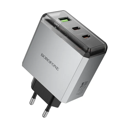 Borofone fali töltő BN22 Lena GaN - 2xType C + USB - QC 3.0 PD 65W szürke - 2