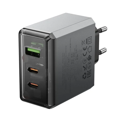 Borofone fali töltő BN22 Lena GaN - 2xType C + USB - QC 3.0 PD 65W szürke - 3
