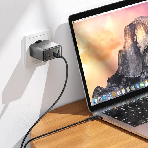 Borofone hálózati USB-C, Type-C töltő BN22 Lena GaN - 2xType C + USB - QC 3.0 PD 65W, Type C-ről Type C-re kábellel, szürke - 7