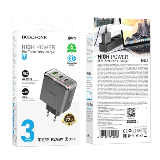 Borofone fali töltő BN22 Lena GaN - 2xType C + USB - QC 3.0 PD 65W szürke - 9