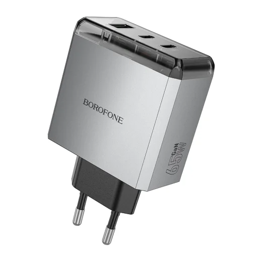 Borofone fali töltő BN22 Lena GaN - 2xType C + USB - QC 3.0 PD 65W szürke - 1