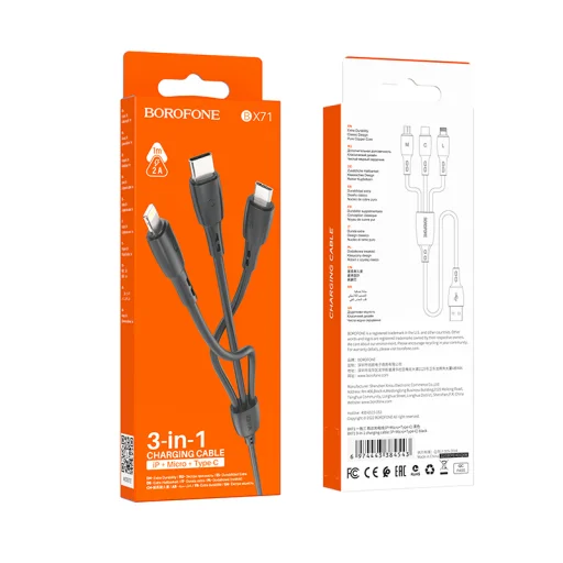 Borofone Kábel BX71 3 az 1-ben - USB Type C, Mikro USB, Lightning - 2A 1 méter fekete - 5