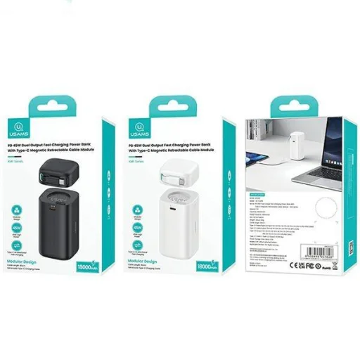 Powerbank 18000mAh PD45W visszahúzható USB-C Gyors Töltő Kábel USAMS XMF sorozat 20KCD21602 (US-CD216) fehér - 7