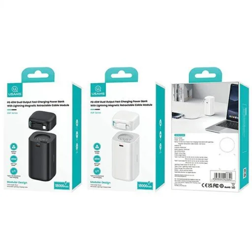 Powerbank 18000mAh PD45W Lightning Gyors Töltés Visszahúzható Kábel USAMS XMF Series 20KCD21702 (US-CD217) fehér - 6