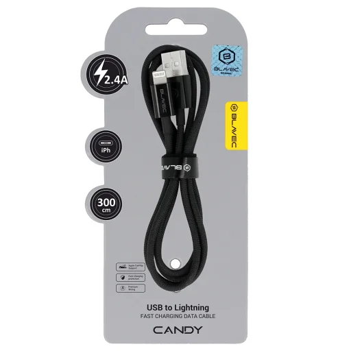 Blavec Cable Candy fonott - USB Lightning kábel - 2,4A 3 méter (CCA-UL24B30) fekete - 1