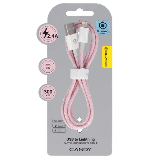 Blavec Candy fonott kábel - USB to Lightning - 2,4A 3 méter (CCA-UL24P30) rózsaszín - 1
