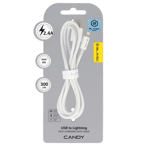 Blavec Kábel Candy fonott - USB-A Lightning - 2,4A 3 méter (CCA-UL24W30) fehér - 1
