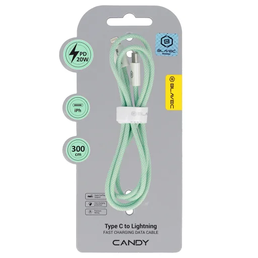 Blavec Cable Candy fonott - USB-C - Lightning - PD 20W 2,4A 3 méter (CCA-CL24GN30) zöld - 1