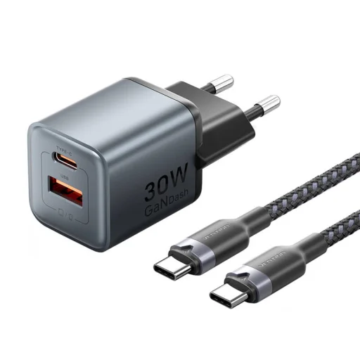 Vention GaN töltő USB-C+A 30W +1m USB-C-C kábel (szürke) - 1